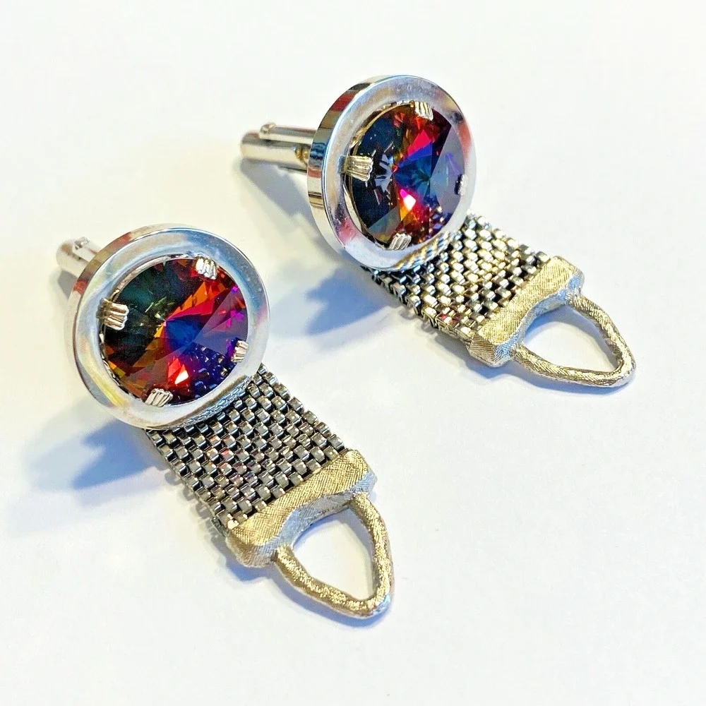 Vintage Mid Century Cufflinks Chunky Silvertone Mesh Wrap Watermelon Stones